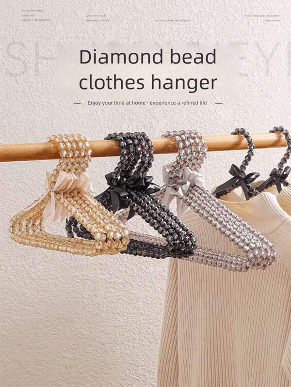 1pc Bowknot Diamond Pearl Hanger, High-End Exquisite Storage Clothes Hanger, Wardrobe Clothing Display Hanger, Diamond Pearl Plastic Non-Slip Seamless Clothes Rack, Fairy Cute Beaded Drying Rack, Ladies Dress Garment Hanger
