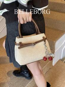 BELLEBORG 女款高級休閒拼色通勤復古帆布扣環百搭小方包手提包 - 咖啡 - 查看 5