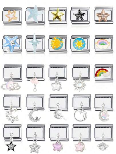 1pc Top Quality Fashion Sun Moon Star Face Rainbow Wing Planets Cloud DIY Italian Charm Bracelet Stainless Steel Jewelry Making Supplies, Suitable For Gifts, Parties, Casual Outfit Accessories