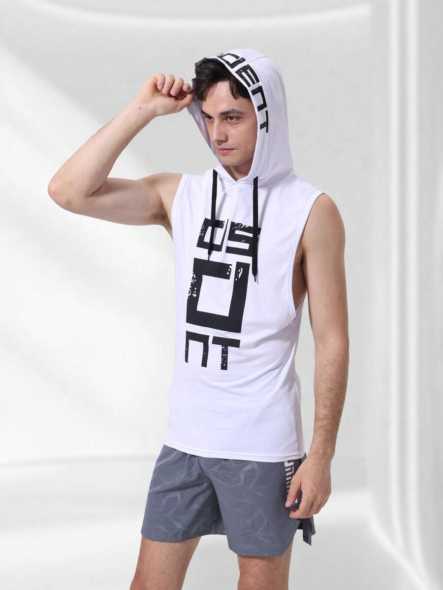 Men's Letter Print Casual Comfortable Sleeveless Hooded Gym Fitness Basketball Running Sport Tank Top, Stretchy Activewear For Spring/Summer