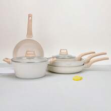 不粘锅具套装 - 白色花岗岩表面，适用于电磁炉，包括煎锅和炖锅、带盖汤锅，适合家庭厨房使用 - 鋁製花崗岩塗層不沾鍋 - 查看 3