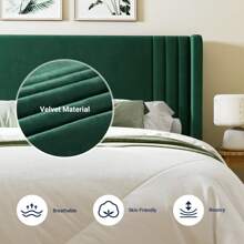 Allewie Full/Queen/King Size Velvet Platform Bed Frame With Vertical Tufted Wingback Headboard, Easy Assembly, Under Bed Storage, No Box Spring Required, Modern Style, Green - 綠色 - 查看 4