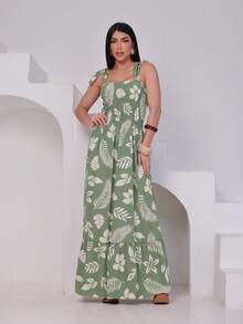 Long Printed Latex Dress With Straps - Green - View 1