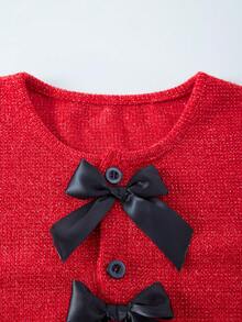 Sweet And Elegant Girl Round Neck Bow Knit Long Sleeved Cardigan+Pleated Skirt Christmas Two Pieces Set, Fashionable And Casual, Perfect Choice For Daily Wear In Spring, Autumn And Winter