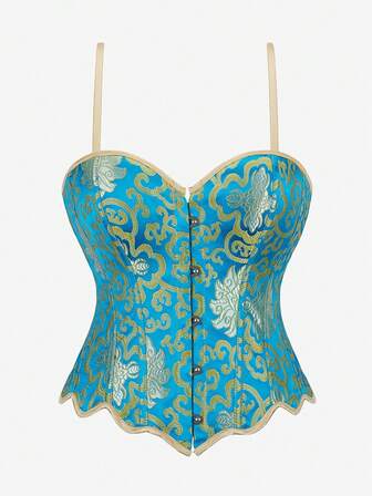 紧身胸衣上衣，可调节细肩带吊带塑身衣，提花刺绣贴身束腰，前部纽扣闭合，适合角色扮演、万圣节