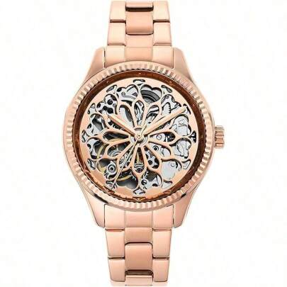 Fossil Rye Automatic Mechanical Stainless Steel Watch For Women Hollow Pattern Dial, Rose Gold, Stainless Steel Strap, Elegant And Fashionable Style, Suitable For Daily Life, Dating Various Holidays, And Watch Gifts.BQ3754