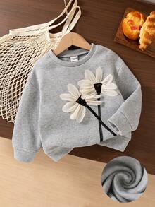 Mädchen Lässiges Blumen Dekor Rundhals Drop-Shoulder Langarm Fleece Sweatshirt Top, Herbst/Winter