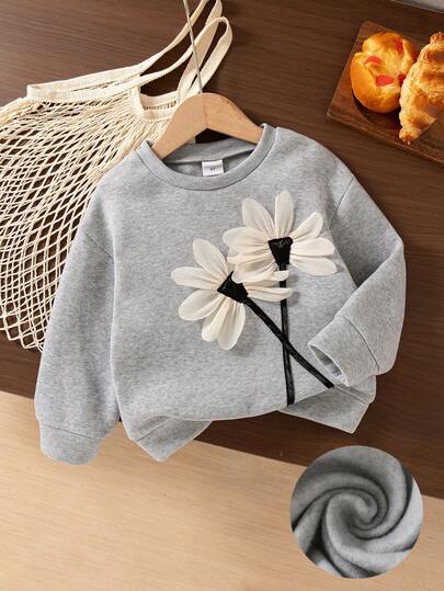 Mädchen Lässiges Blumen Dekor Rundhals Drop-Shoulder Langarm Fleece Sweatshirt Top, Herbst/Winter