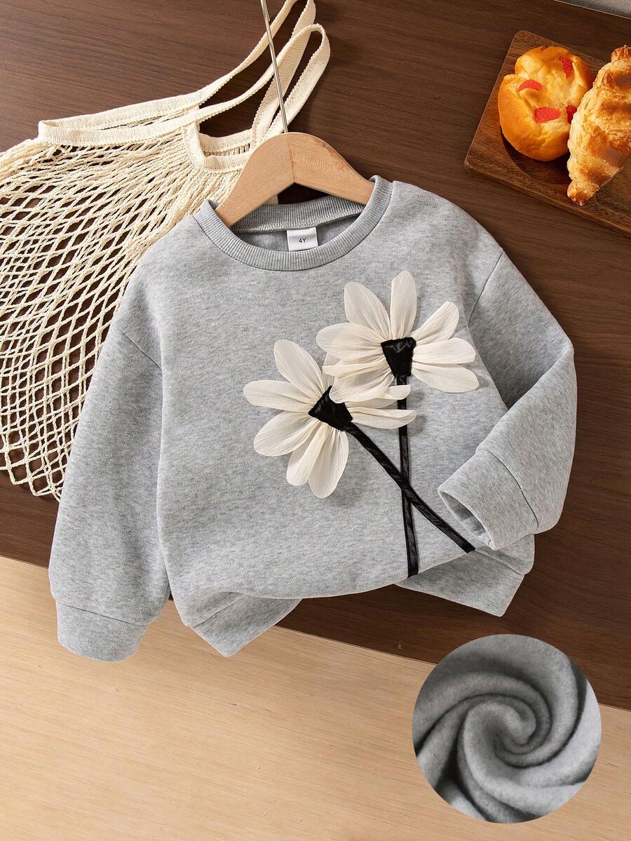 Mädchen Lässiges Blumen Dekor Rundhals Drop-Shoulder Langarm Fleece Sweatshirt Top, Herbst/Winter