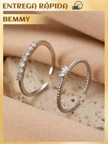 BEMMY 2 Piece Elegant Heart Shaped Ring With Rhinestone, Suitable For Women To Wear Daily And Dinner Parties - Silver - View 7