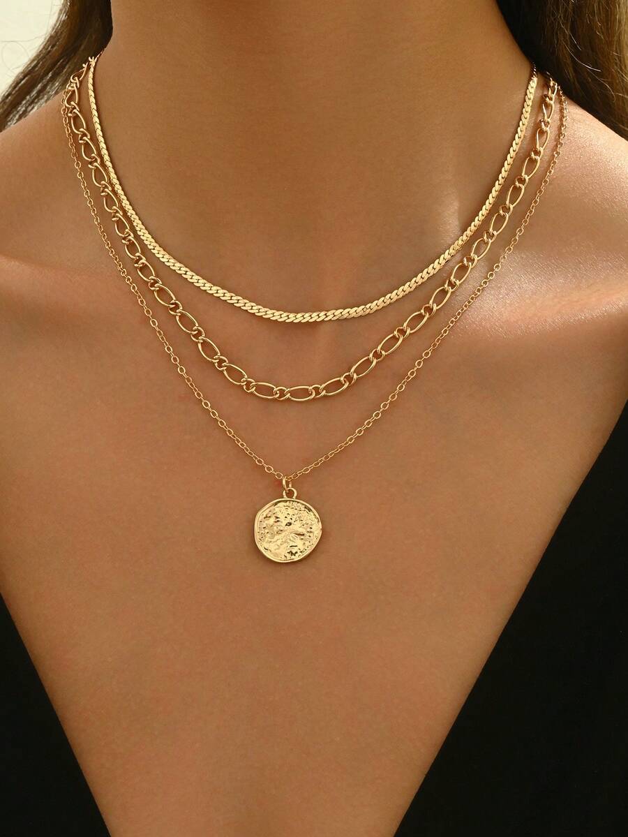 3 pièces/set Collier pendentif rond polyvalent simple, chaîne claviculaire courte dorée faite main chic, collier multicouche mode bijoux pour femmes, convient pour un port quotidien casual. Longueur de chaîne faite main peut être personnalisée. - Multicolore - Voir 1