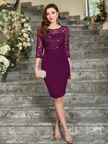 MIUSOL Sequin Floral Lace Round Neck Bodycon Semi-Formal Party Pencil Dress - Maroon - View 11