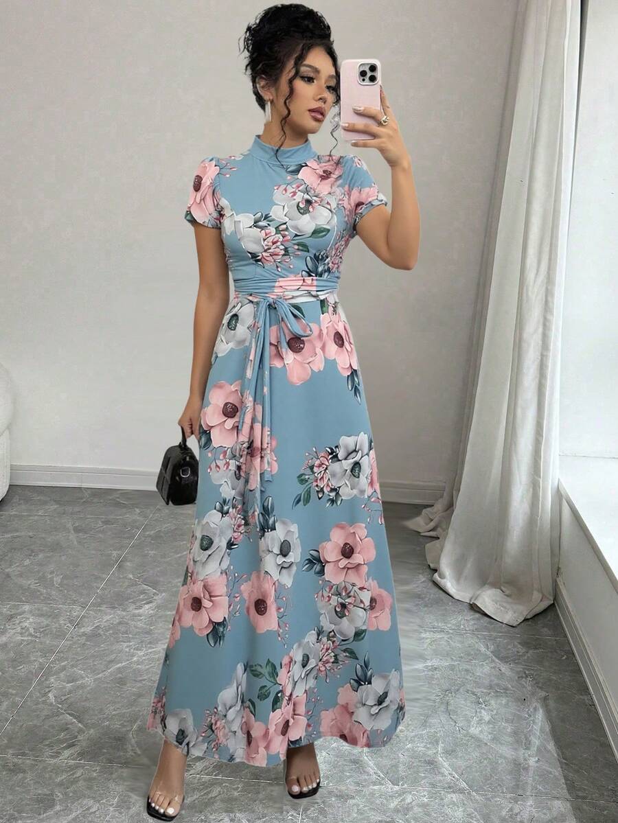 Vestido de cuello alto con estampado floral y cinturón  vestido elegantes para mujer moda. - Verde - Ver 1