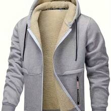 Men's Fashionable Lined Hooded Jacket - Warm And Comfortable Solid Color Zipper Autumn/Winter Casual Polyester Fiber Jacket With Drawstring Hooded, Cold Weather Clothing/Fashionable Hooded Jacket/Plush Lined Hooded Shirt  Winter    Regular Fit    Pocket  Zipper  Drawstring - 灰色 - 查看 5