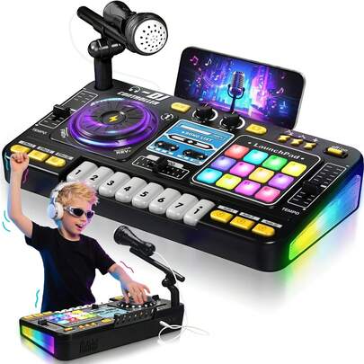 Kinder DJ Mischpult, Kleinkind DJ Mischpult mit DJ Plattenspieler, Spielmodus, Lichter, Geschwindigkeitsregelung und Mikrofon, Geschenk für 3-6 jährige Jungen und Mädchen - Kinder DJ Mischpult Set