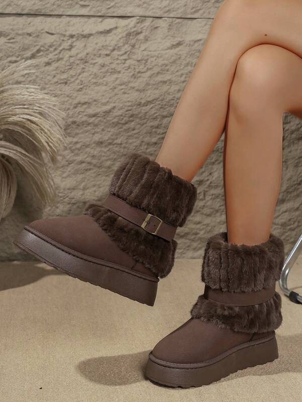 女式咖啡棕色新款时尚舒适圆头仿毛饰边踝靴，带扣装饰，纯色简约翻领设计，户外雪地休闲一脚蹬防滑厚底雪地靴，适合秋冬
