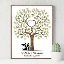 个性化婚礼宾客签名册，印有新人剪影和双人自行车图案，可定制指纹签名册和指纹树（可打印） - 彩色 - 查看 5