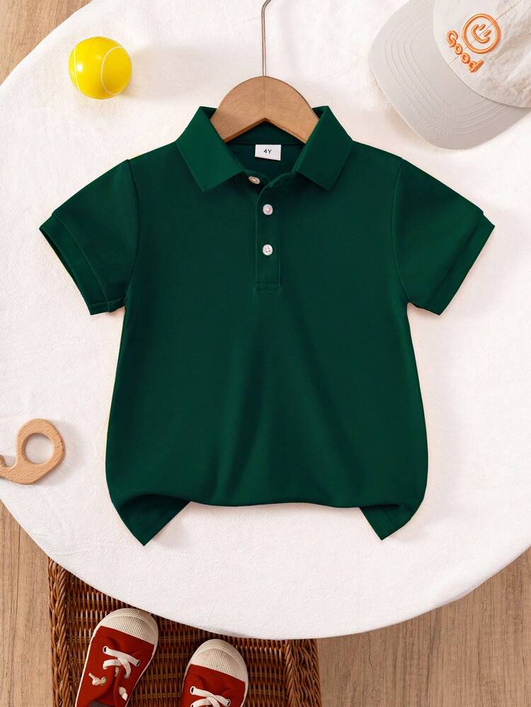 قميص بولو بأكمام قصيرة أحمر كلاسيكي أحادي اللون للأطفال الصغار والأولاد، مناسب للخروجات اليومية والتجمعات والمناسبات - أخضر - مشاهدة 1