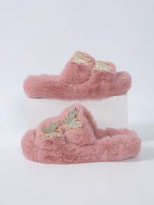 Dép đế xuồng hở mũi bằng vải nhung cho nữ, dép đi trong nhà mềm mại, chống trượt, dép đi trong nhà, dép bông có nơ và đá trang trí - Hồng - Xem 6