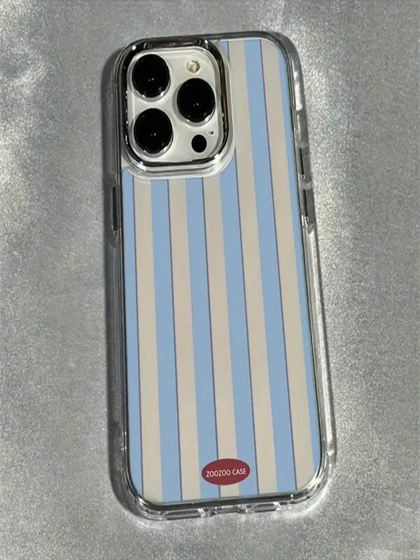 1pc Blue Stripe Metal Transparent Lens Half-Covered Phone Case Suitable For IPhone 14 Pro, 13, 11/12, 15 Plus, 14 Pro Max, 13, 12, 15 Pro Max, 16 Series