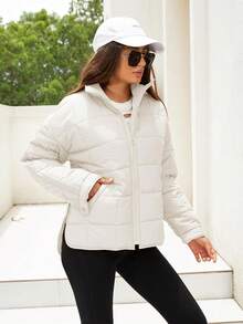 Women's Quilted Cotton Coat With Pockets,Lightweight Short Winter Puffer Jacket,Quilted Streetwear Fashion For Casual Lounge - trắng - Xem 7