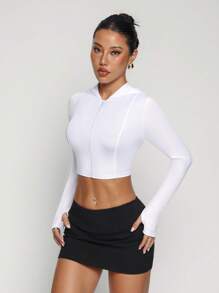 Women's White Zipper Long Sleeve Minimalist Hooded Thumb Hole Sports Knit Jacket