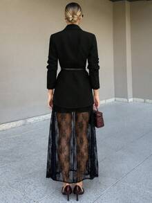 1 Set Women's Solid Color Button Blazer & Lace Skirt Suit Set, Casual Autumn/Winter