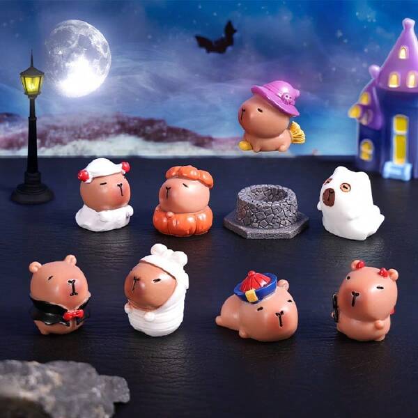 8pcs Halloween Capybara Decor, Healing Desktop Ornaments, Includes Horror Small Items Creative Design, Suitable For Car Decoration, Office Decor, Holiday Atmosphere, Personal Decoration
