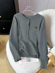 韩版灰色开衫配刺绣蝴蝶结针织外套，长袖外套 - 灰色 - 查看 7