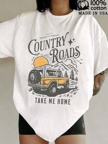 Women's "Country Road Take Me Home" Graphic T-Shirt - Breathable, Comfortable & Stylish, Pure Cotton,Machine Washable, Ideal For Spring & Summer Casual Tops,Playful Graphic Tee,Leisure    Vintage - 白色 - 查看 1