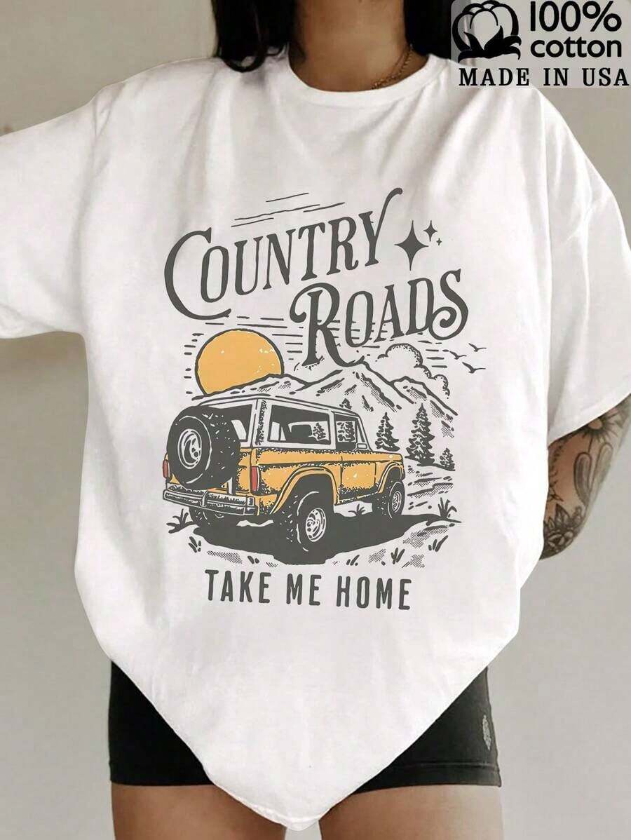 Women's "Country Road Take Me Home" Graphic T-Shirt - Breathable, Comfortable & Stylish, Pure Cotton,Machine Washable, Ideal For Spring & Summer Casual Tops,Playful Graphic Tee,Leisure Vintage - 白色 - 查看 1