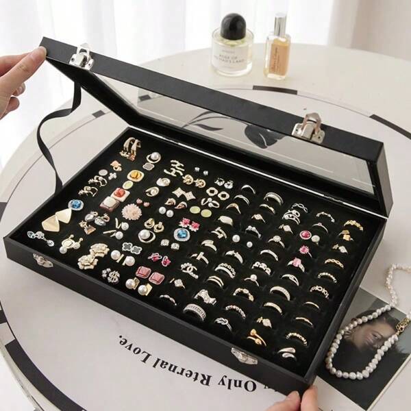 1pc 100-Slot Covered Ring Jewelry Box, Earring Jewelry Tray, Ring Jewelry Storage & Display Tray, Minimalist Ring Box, Jewelry Box, Earring Jewelry Storage Box, Dust-Proof Jewelry Display Box, Jewelry Display Dust-Proof Box, Gift For Women For Women Storage Organizer Travel Holiday Essential Fall Decor Autumn Halloween