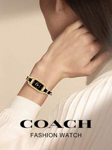 Coach Đồng hồ đeo tay thạch anh tông vàng dành cho nữ với vòng đeo tay hai tông màu Đồng hồ vỏ hình chữ nhật sang trọng dành cho nữ Đồng hồ quà tặng thanh lịch Đồng hồ analog dành cho nữ - màu đen - Xem 2