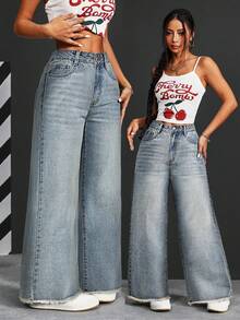 Eleganckie, szerokie, damskie jeansy z denimu w jednolitym kolorze, z kieszenią na zamek i guzikiem - Jasny jeans - Zobacz 4