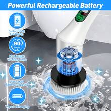 3/7/9 piezas Cepillo de limpieza eléctrico con pantalla digital - Inalámbrico, Limpiador de piso giratorio a 360°, con 9/7/3 cabezales intercambiables, mango telescópico ajustable, carga USB-C para baño, cocina, inodoro y coche - Blanco - Ver 11