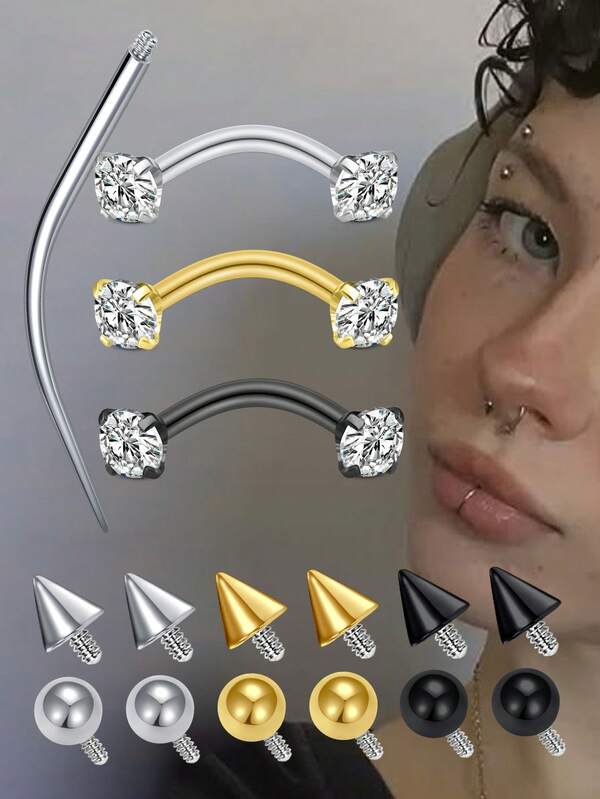 6 Stück/Set Innengewinde Augenbrauen- & Rook-Piercing Schmuck mit Taper, Edelstahl 16G Augenbrauen-Piercing Schmuck 3mm CZ 8mm gebogener Barbell, winziger Augenbrauen-Ring, vertikaler Labret Lippen-Schmuck, Ohr Rook, Helix, Conch, Daith für Frauen und Männer