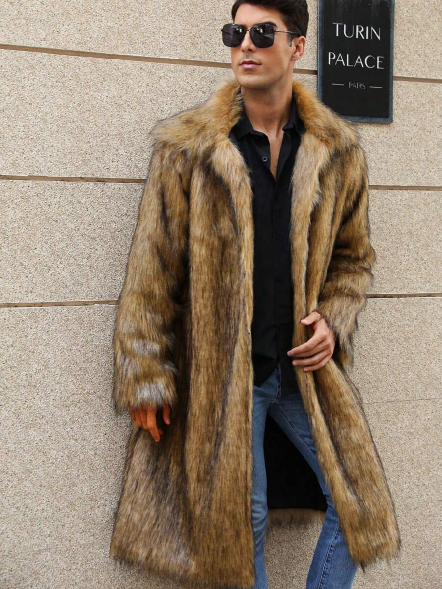 New Men's Square Collar Faux Fur Long Coat , Fall Winter - Yellow - View 1