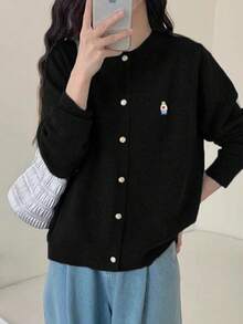 2024 Autumn New Arrival Women Bear Embroidery Knitted Cardigan, Single-Breasted Round Neck Casual Long Sleeve Sweater Jacket - Black - View 3