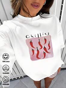 Casual Short-Sleeved Printed T-Shirt. 100% Cotton. 1 Pack. Spring/Summer 2025 Collection. Women's T-Shirt, Casual Style, Loose Fit, 100% Cotton, Breathable Fabric, Comfortable To Wear, Suitable For Everyday Wear, Unique Design. Short-Sleeved T-Shirt. Spring/Summer Top. - White - View 3