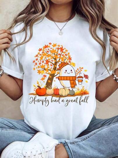 Camiseta gráfica de mujer de algodón 100% para el Día de Acción de Gracias, Humpty Dumpty tuvo una gran caída, camiseta de otoño de Acción de Gracias