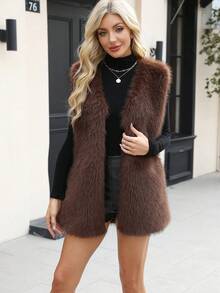 优雅女士常规长度人造皮草大衣，无袖 V 领款式，非常适合秋季服装 - 老咖啡 - 查看 1