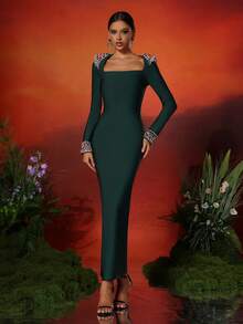 LOVE Aing 女士黑色闪亮绷带长袖紧身连衣裙，时尚长款正式礼服，适合派对、婚礼、晚宴等场合 - 墨綠色 - 查看 4