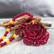 Bohemian Resin Rose Pendant Necklace - Blood Red Flower Charm On Amber-Toned Sweater Chain, Vintage  Unisex Jewelry For Men & Women, No Plating Durable Design For Everyday & Special Occasions - 1pc - View 4