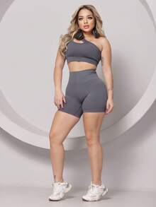 jelik fashions Conjunto Fitness Feminino Canelado Top Um Ombro com Bojo Removível + Short Modelador Cintura Alta Academia Moda Esportiva Estilosa - Cinza - Visão 6