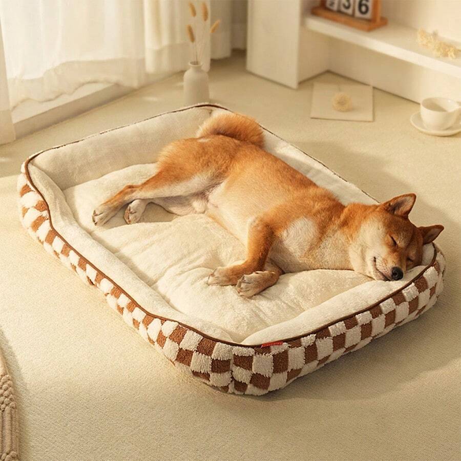 1 Giường cho chó/mèo, Ấm áp, Có thể giặt được, Chất liệu vải nhung, Họa tiết ô vuông, Đáy chống trượt, Thích hợp cho chó nhỏ/vừa/lớn