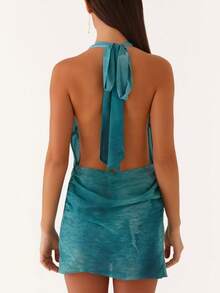 Women Y2K Shell Decor Halter Mini Dress Sleeveless Deep V-Neck Cowl Neck Draped Front Bodycon Short Dress Summer Backless Low Cut Ruched Going Out Dress Party Club Beach Dresses - 綠色 - 查看 2