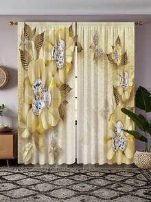 2pcs Elegant Yellow Floral High Definition Digital Print Curtains, Semi-Sheer Polyester Fabric With Rod Pocket Design - Suitable For Living Room, Bedroom, Kitchen, Cafe, Adding Style (Print Effect, No Valance) Single Layer Digital Print Curtain - Multicolor 1 - View 2