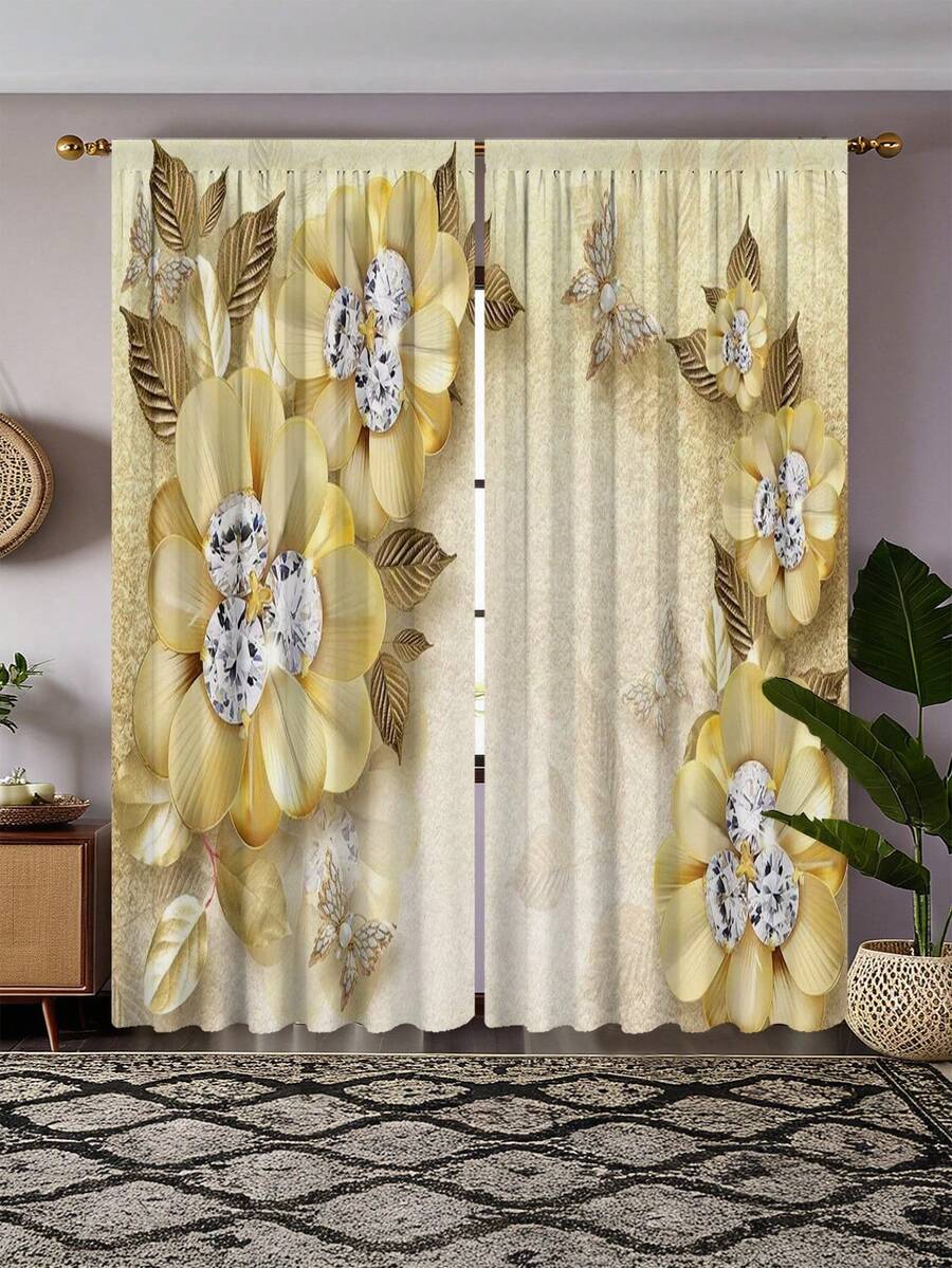 2pcs Elegant Yellow Floral High Definition Digital Print Curtains, Semi-Sheer Polyester Fabric With Rod Pocket Design - Suitable For Living Room, Bedroom, Kitchen, Cafe, Adding Style (Print Effect, No Valance) Single Layer Digital Print Curtain