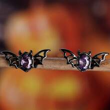 Cute Female Purple Rhinestone Bat Animal Stud Earrings For Women Fashion Witch Jewelry Halloween Gift - 黑色 - 查看 1
