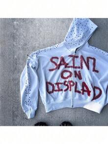 Gothic Style Rock Letter Print Hooded Sweatshirt For Men, Loose Fit, Vintage Hoodie Jacket, Top Garment